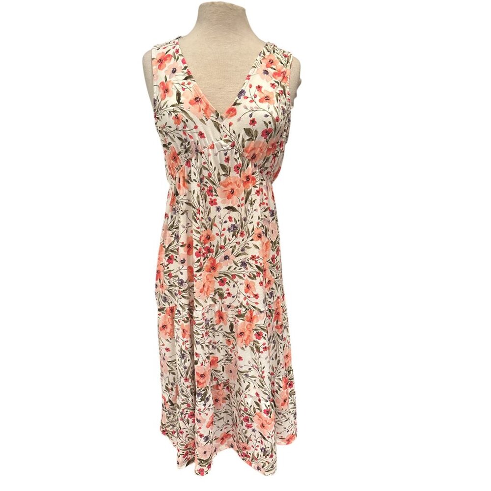 French Grey Sleeveless Floral Midi Dress With V-Neckline & Empire Waist Women’s